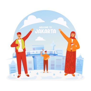 Ulusal anıtın düz tasarımlı Jakarta şehrine hoş geldiniz.