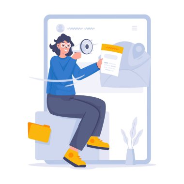 Dijital posta vektör illüstrasyonunda duyuru yapan bir kız