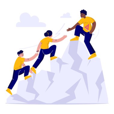 Takım çalışması konsepti düz vektör illüstrasyonunda zirveye ulaşmak için birlikte dağa tırmanan bir grup insan.