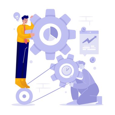 Dişlilerin üzerinde duran erkek işçi, üretkenlik düz vektör çizimi anlamına gelir