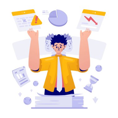 Vurgulanmış erkek ifadesi birden fazla görev ve azalan performans düz vektör illüstrasyonuyla karşı karşıya