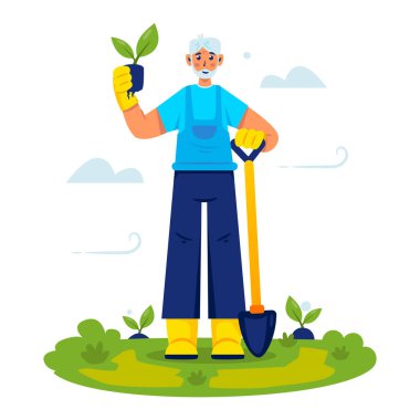 Kürek ve bitki tohumu vektör illüstrasyonlu erkek ağaç ekici karakter