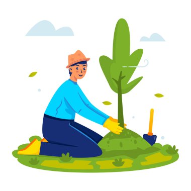 Bir adam ağaç vektörü çizimi dikiyor.