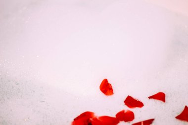 Bath water with rose petals. St. Valentine's Day bath. Aromatherapy with flower petals.
