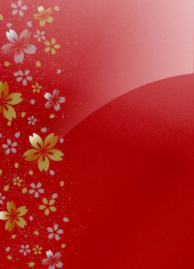 Kırmızı arka planda kiraz çiçeklerinin altın ve gümüş kaplama çalışmaları, kopyalama alanı mevcut