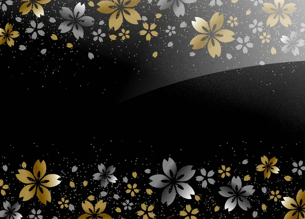 Gold Silver Lacquer Work Cherry Blossoms Black Background Copy Space — Zdjęcie stockowe