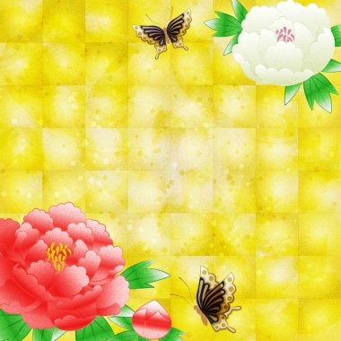 Peony flowers on gold leaf background, copy space available