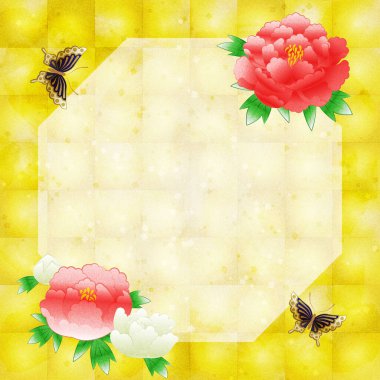 Peony flowers on gold leaf background, copy space available