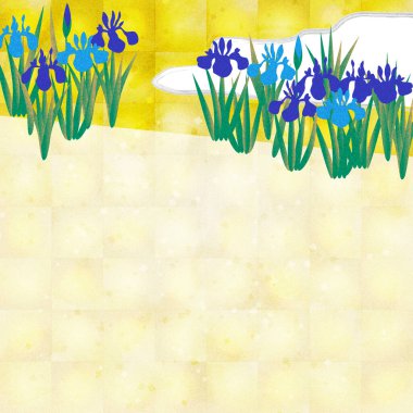 Iris flowers on gold leaf background, copy space available