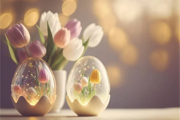 Tulips inside eggs, easter photorealistic illustration