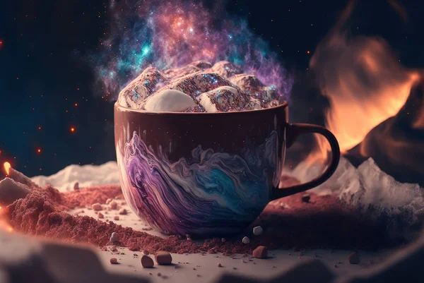 Steaming hot chocolate on a winter morning, marshmallows and cocoa, steaming bismuth, astral granite, iridescent crystal, nebula effect, glitter paint, cosmic swirl, hot quartz, fluorescent edges