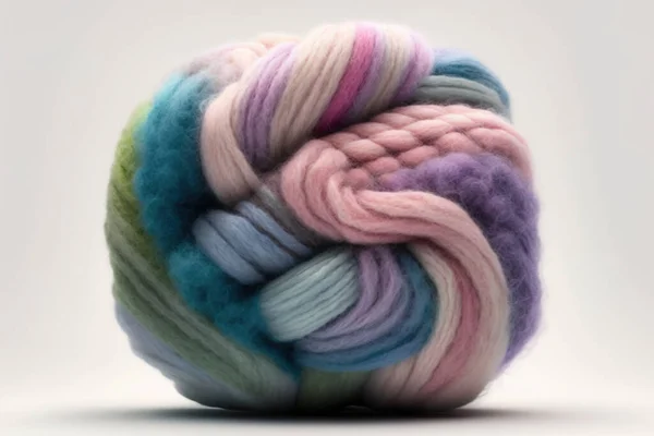 Looking for an image that captures the beauty and elegance of multicolored wool fibers? Look no further than this stunning shot of a tangled ball of wool on a crisp white background. The soft, fluffy and airy fibers are arranged in a beautiful and in