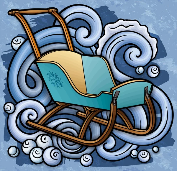 Cartone Animato Carino Scarabocchio Mano Disegnato Slitta Illustrazione Inverno Sfondo — Vettoriale Stock
