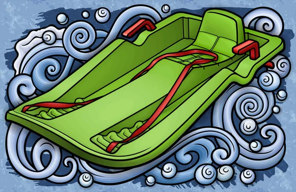 卡通可爱的涂鸦手绘雪橇插图 冬季娱乐矢量背景 乘坐雪地的有趣交通工具 — 图库矢量图片