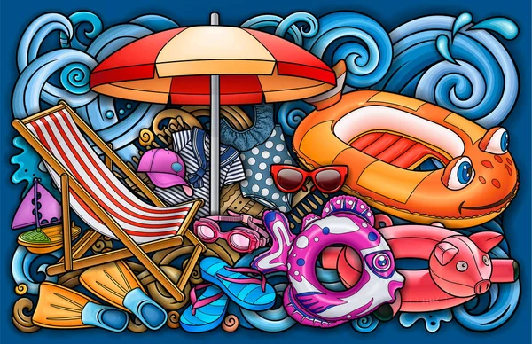 卡通画滑稽可爱的涂鸦手绘夏季海滩儿童的娱乐性插图 许多休闲物体色彩艳丽的矢量背景 — 图库矢量图片