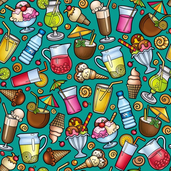 Cartoon Cute Doodle Beach Bar Seamless Pattern Summer Food Drinks — Stock Vector