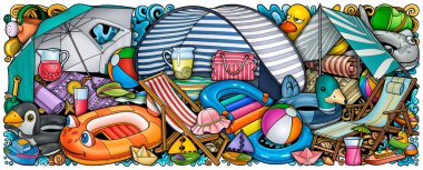 Çizgi filmlerdeki şirin karalamalar el çizimi yaz sahili çocuklarının eğlence illüstrasyonları. Birçok oyuncak nesne vektör arka planı. Komik açık hava oyunları sanat eserleri.