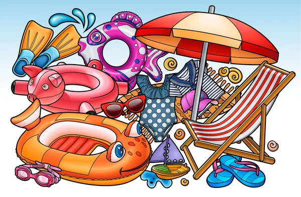 Cartone Animato Divertente Carino Scarabocchi Disegnato Mano Estate Spiaggia Illustrazione — Vettoriale Stock
