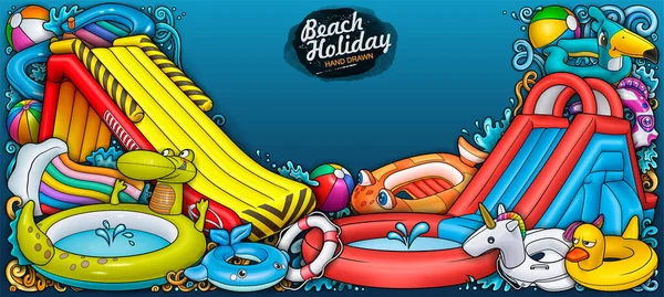 Cartone Animato Carino Scarabocchi Disegnato Mano Estate Spiaggia Illustrazione Intrattenimento — Vettoriale Stock