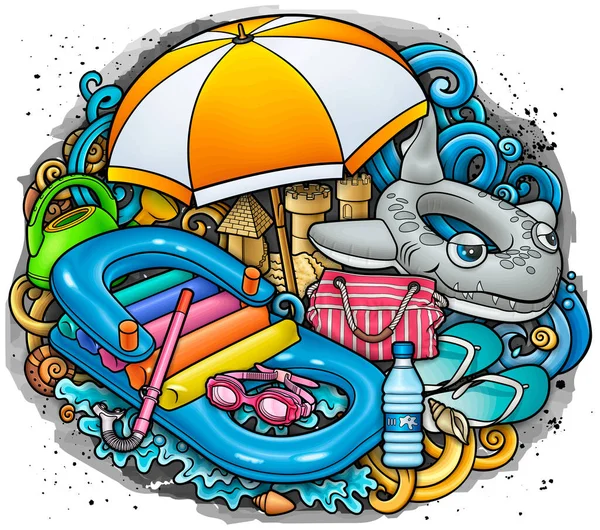 卡通可爱的涂鸦手绘夏季海滩儿童的娱乐插图 许多玩具的矢量背景 有趣的户外游戏艺术品 — 图库矢量图片