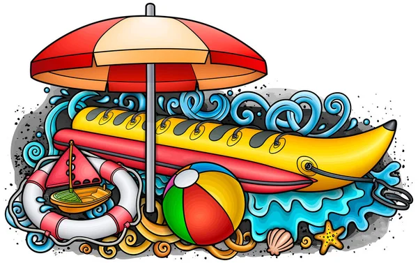 卡通可爱的涂鸦手绘夏季海滩儿童的娱乐插图 许多玩具的矢量背景 有趣的户外游戏艺术品 — 图库矢量图片