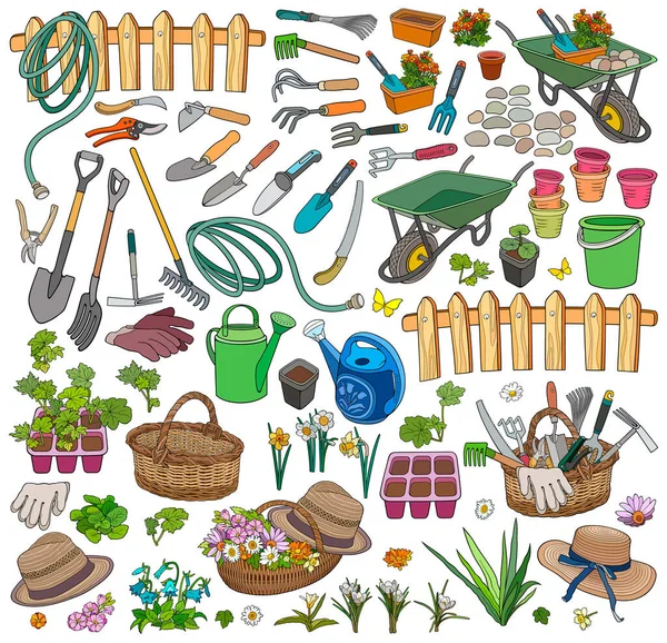 Ilustracja Wektora Ogrodnictwa Zestaw Kreskówek Ogrodowych Ręcznie Rysowane Elementy Zestawu — Wektor stockowy