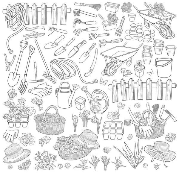 Kertészeti Vektor Illusztráció Kerti Rajzfilm Kézzel Rajzolt Elemek Készlet — Stock Vector