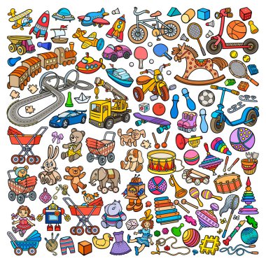 Çizgi filmlerdeki sevimli karalamalar çocuklara oyuncak setleri çiziyor. Komik sanat eserleri.