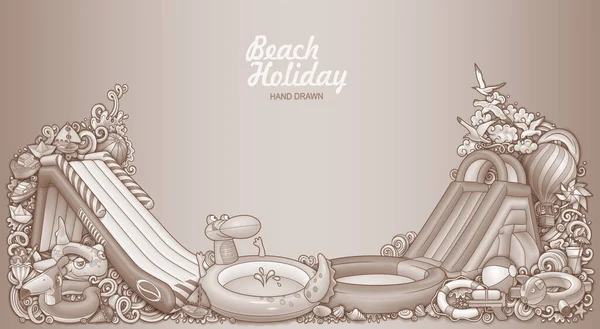 Cartone Animato Carino Scarabocchi Disegnato Mano Estate Spiaggia Illustrazione Intrattenimento — Vettoriale Stock