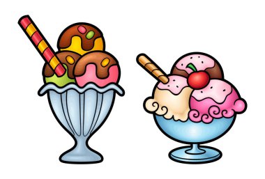 Çizgi film karikatür dondurma takımı. Yaz plajı yemek vektörü komik bir illüstrasyon. Beyaz arkaplanda izole