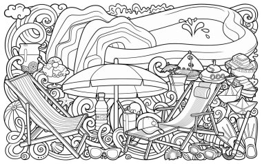 Çizgi film komik şirin karalamalar el çizimi yaz sahili çocuklarının eğlence illüstrasyonları. Çok sayıda boş nesne çizgisi sanat vektörü arkaplanı.