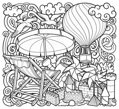 Çizgi filmlerdeki şirin karalamalar el çizimi yaz sahili çocuklarının eğlence illüstrasyonları. Birçok oyuncak nesne vektör arka planı. Tuhaf açık hava oyunları sanat eserleri.