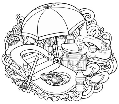 Çizgi filmlerdeki şirin karalamalar el çizimi yaz sahili çocuklarının eğlence illüstrasyonları. Birçok oyuncak nesne vektör arka planı. Komik açık hava oyunları sanat eserleri.