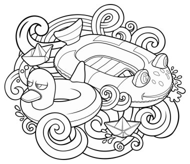 Çizgi filmlerdeki şirin karalamalar el çizimi yaz sahili çocuklarının eğlence illüstrasyonları. Birçok oyuncak nesne vektör arka planı. Komik açık hava oyunları sanat eserleri.