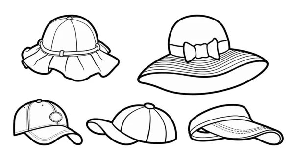 Conjunto Desenhos Animados Chapéus Verão Doodle Ilustração Engraçada Vetor Isolado — Vetor de Stock
