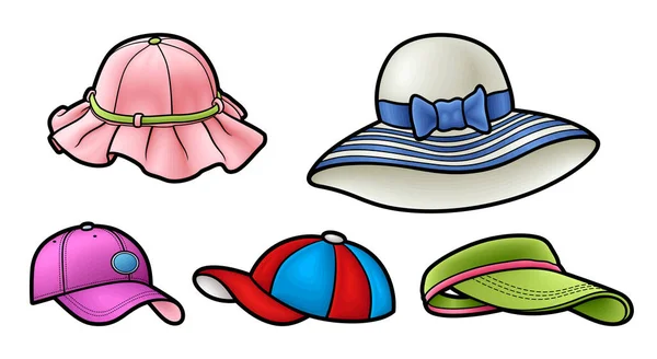 Juego Dibujos Animados Sombreros Verano Garabatos Divertida Ilustración Vectorial Aislado — Vector de stock