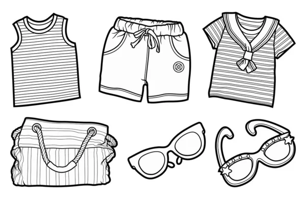 Çizgi Roman Seti Yazlık Giysiler Aksesuarlar Vektör Komik Illüstrasyon — Stok Vektör