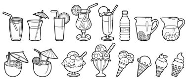 Çizgi film setinde karalama içecekleri, dondurma, meyveler. Yaz plajı yemekleri ve içecekler vektör komik illüstrasyon