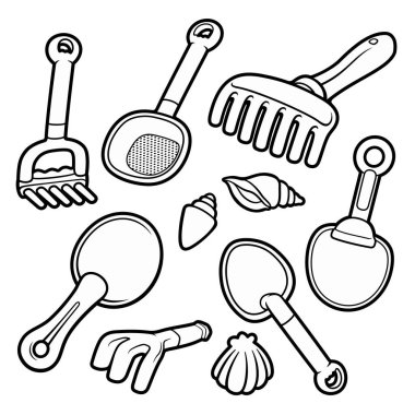 Çizgi film setindeki şirin çocuk plaj oyuncakları. Vektör komik illüstrasyon. Beyaz arkaplanda izole