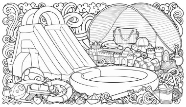 Çizgi film komik şirin karalamalar el çizimi yaz sahili çocuklarının eğlence illüstrasyonları. Çok sayıda boş nesne çizgisi sanat vektörü arkaplanı.