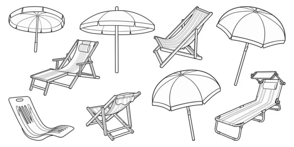 卡通系列的涂鸦日光浴和阳伞 夏季海滩物体矢量有趣的例证 — 图库矢量图片