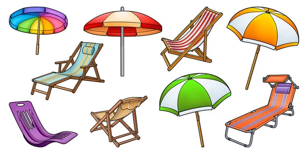 Çizgi Film Setinde Güneş Pansiyonerleri Şemsiyeler Yaz Plajı Nesneleri Vektör — Stok Vektör