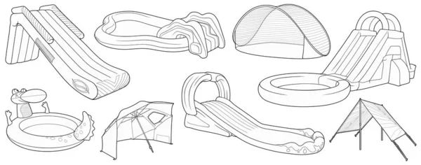 Conjunto Dos Desenhos Animados Corrediças Infláveis Água Doodle Barracas Associação — Vetor de Stock