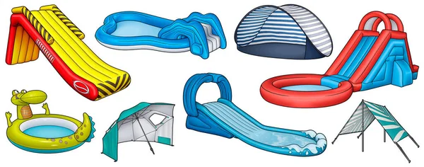 Cartoon Set Van Doodle Water Opblaasbare Dia Tenten Zwembad Zomer — Stockvector