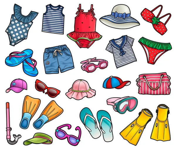 Çizgi film çizimleri, çizimler, ayakkabılar, aksesuarlar. Yaz nesneleri komik bir illüstrasyon. Beyaz arkaplanda izole
