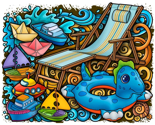 卡通画滑稽可爱的涂鸦手绘夏季海滩儿童的娱乐节目 许多休闲物体色彩艳丽的矢量背景 — 图库矢量图片