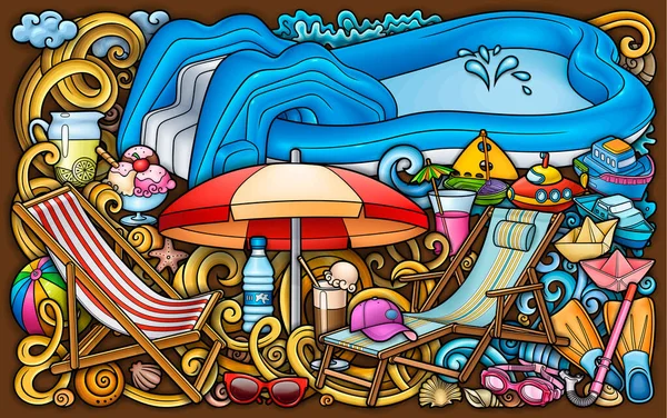 卡通画滑稽可爱的涂鸦手绘夏季海滩儿童的娱乐节目 许多休闲物体色彩艳丽的矢量背景 — 图库矢量图片