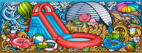 Cartoon Niedliche Kritzeleien Handgezeichnet Sommer Strand Unterhaltung Kinder Illustration Viele — Stockvektor