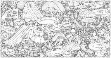 Çizgi filmlerdeki şirin karalamalar el çizimi yaz sahili çocuklarının eğlence illüstrasyonları. Birçok oyuncak, eğlenceli nesneler vektör arka planı. Komik renkli açık hava oyunları sanat eseri.