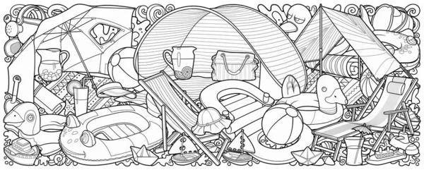 카툰의 재밌는 귀여운 낙서는 해변의 아이들의 삽화를 손으로 것이다 오브젝트들은 스톡 일러스트레이션